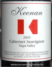Keenan Spring Mountain Cabernet Sauvignon 2003 label on McNees.org/winesite