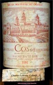 Chateau Cos d'Estournel St Estephe 1981 magnum label on McNees.org/winesite