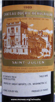 Ducru  Beaucaillou St Julien Bordeaux 1989 Label