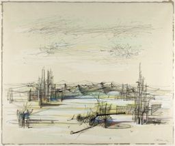 Untitled (Landscape with Buildings, Mountains, Implements and People)