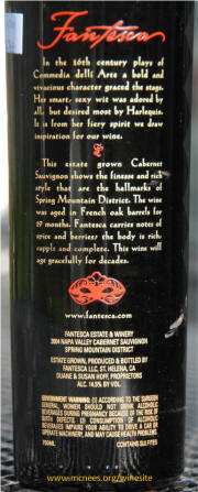 Fantesca Estate & Winery Spring Mountain Cabernet Sauvignon 2004 bottle - rear