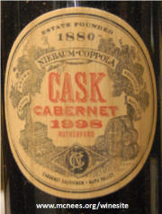 Niebaum Coppola Cask Cabernet Sauvignon 1998 label