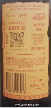 Mollydooker Carnival of Love McLaren Vale Shiraz 2012 rear label