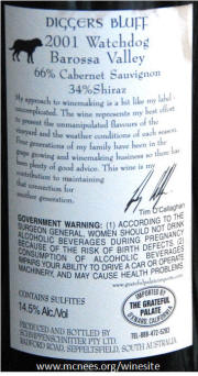 Diggers Bluff Watchdog cab shiraz 2001 rear label on McNees.org/winesite