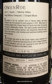 Owen Roe Chapel Block Syrah 2011 rear label